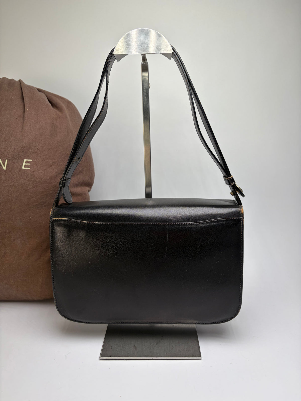 Vintage Celine Leather Flap Crossbody Bag Late 1970s Black