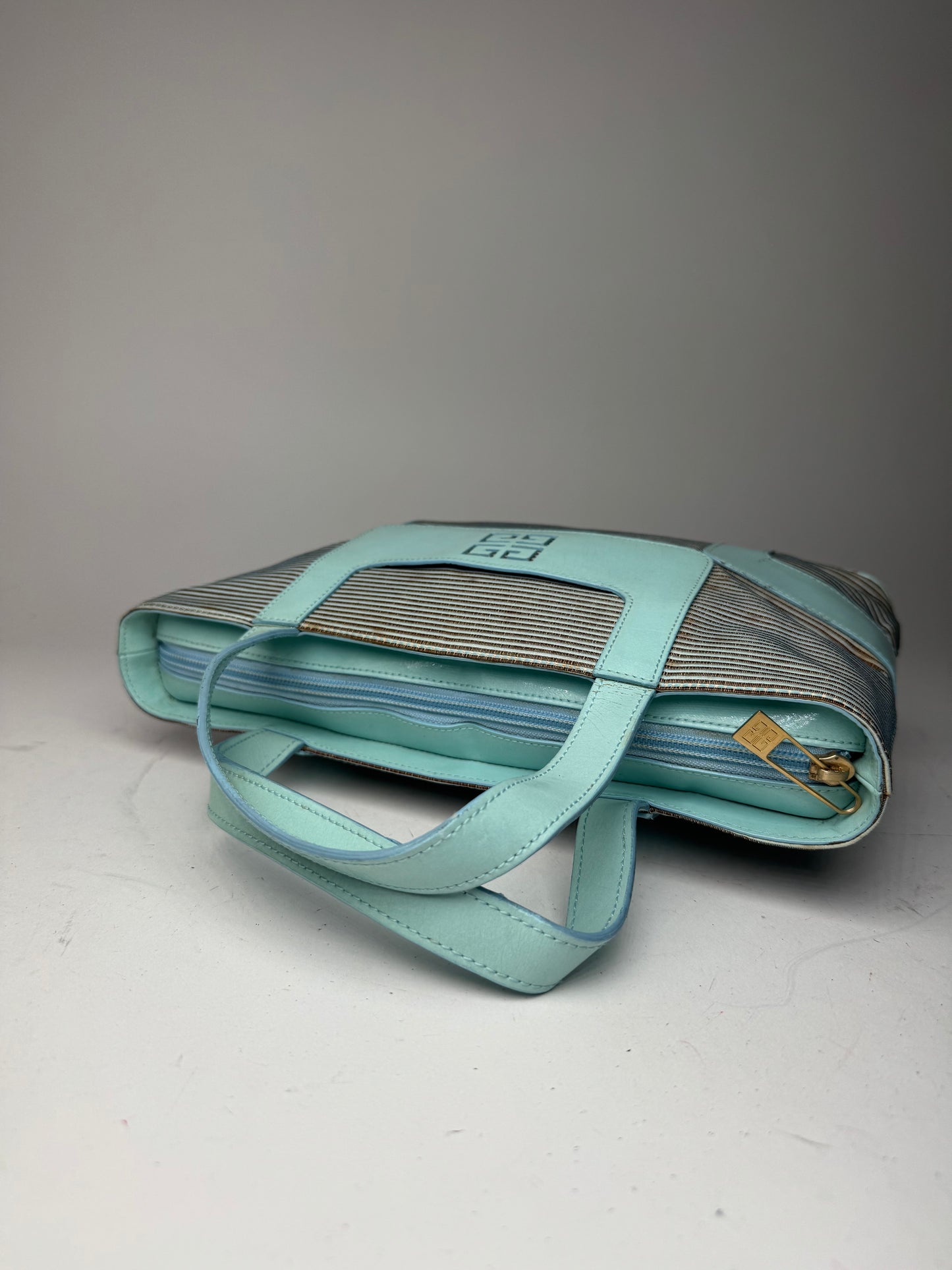Vintage Givenchy Leather Canvas Bag Turquoise Brown