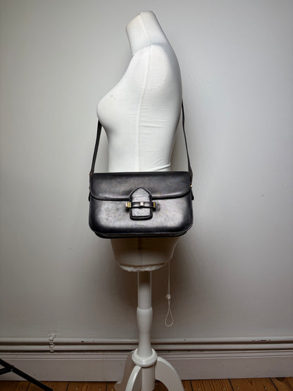 Vintage Celine Leather Flap Crossbody Bag Late 1970s Black