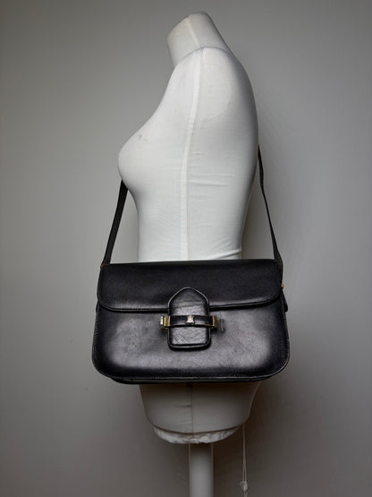 Vintage Celine Leather Flap Crossbody Bag Late 1970s Black