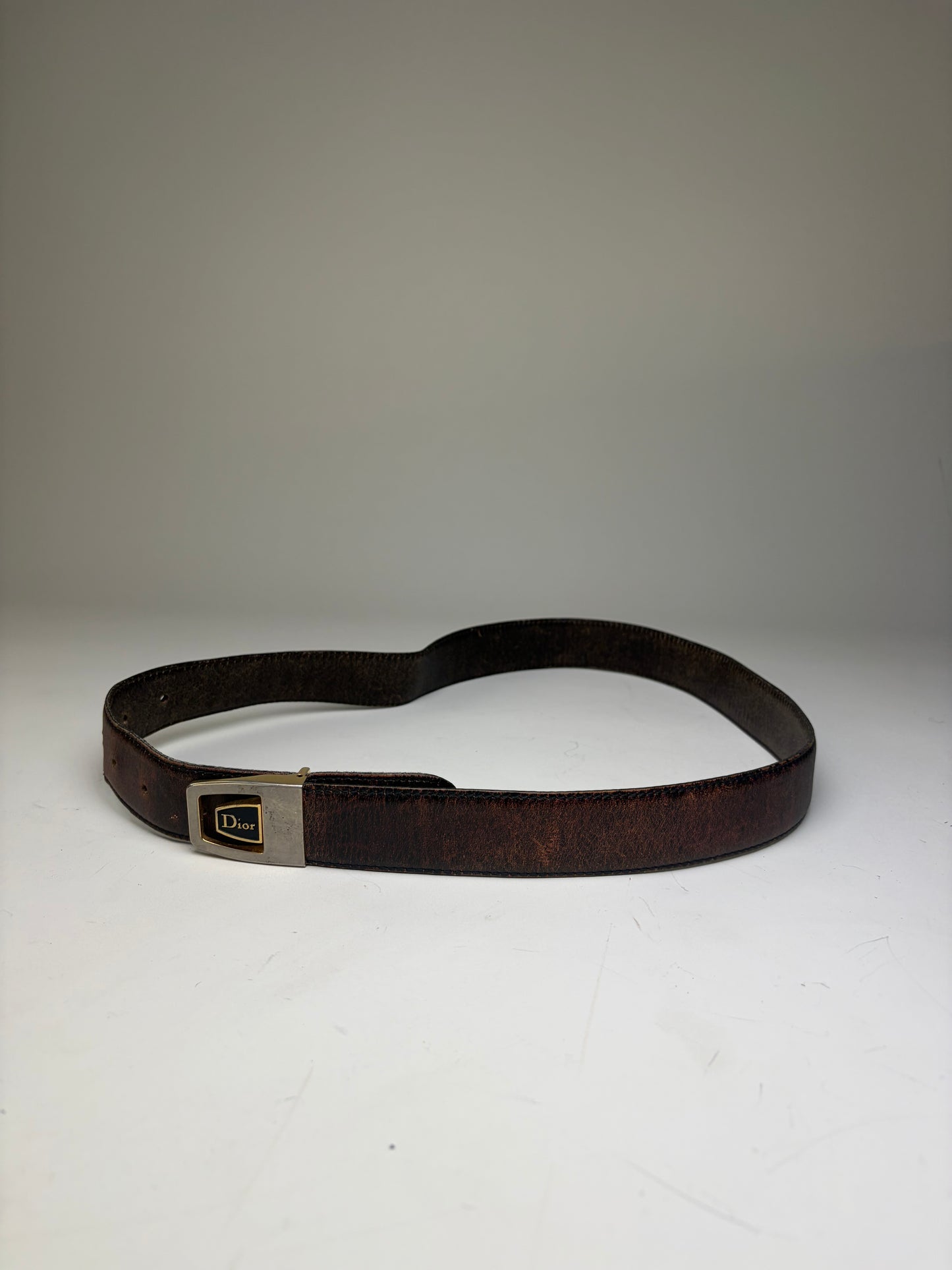 Vintage Dior Smooth Leather Belt Dark Brown Silver Buckle