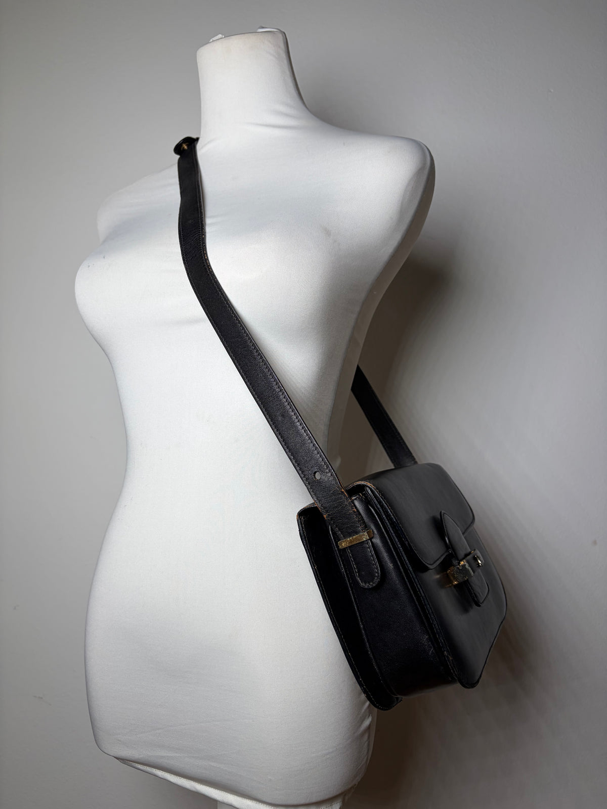 Vintage Celine Leather Flap Crossbody Bag Late 1970s Black