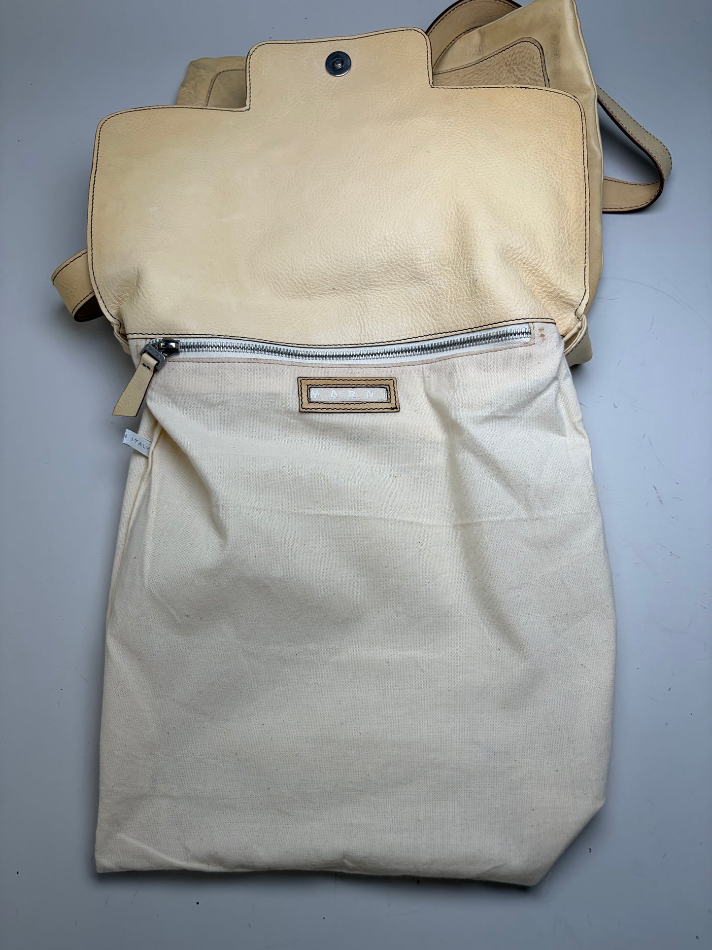 Vintage Marni Studded Textured Leather Flap Crossbody Bag Cream Silver