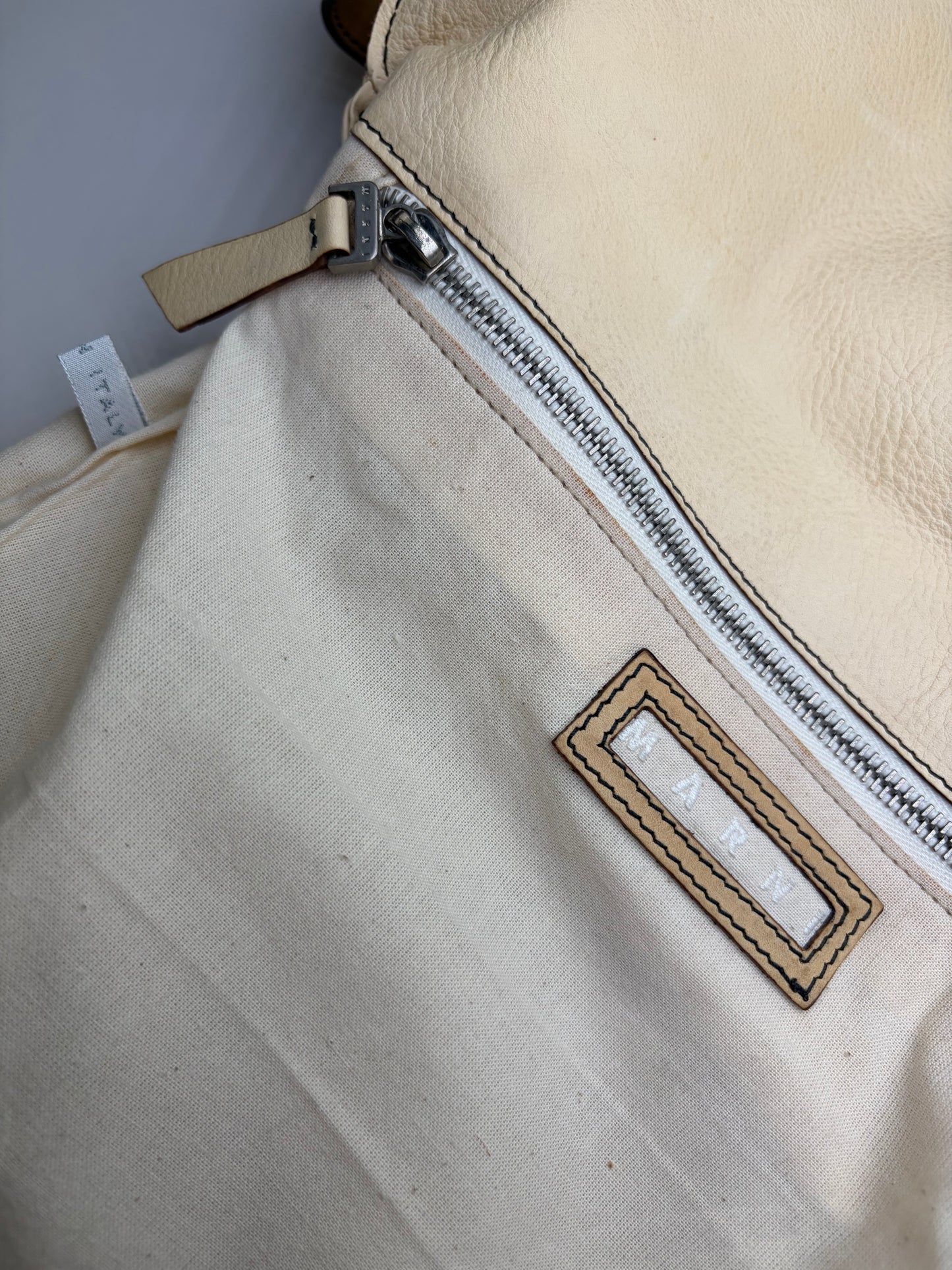 Vintage Marni Studded Textured Leather Flap Crossbody Bag Cream Silver