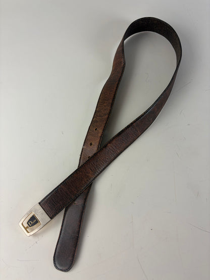 Vintage Dior Smooth Leather Belt Dark Brown Silver Buckle
