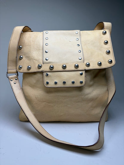 Vintage Marni Studded Textured Leather Flap Crossbody Bag Cream Silver