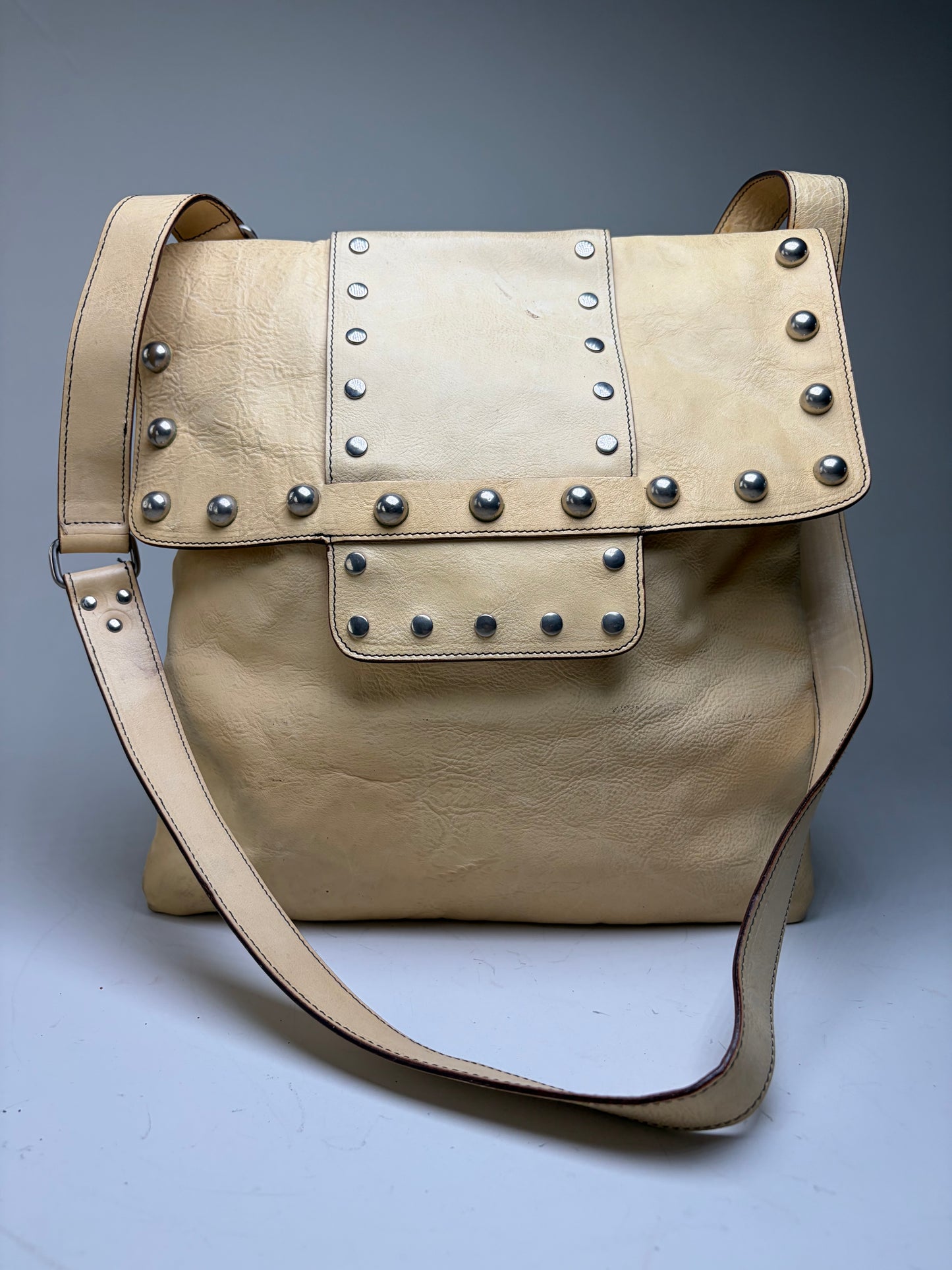 Vintage Marni Studded Textured Leather Flap Crossbody Bag Cream Silver