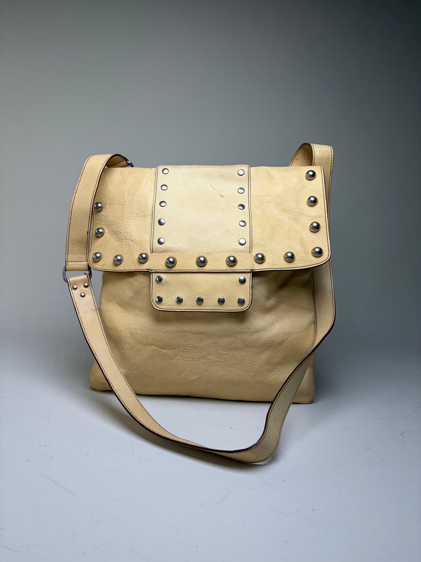 Vintage Marni Studded Textured Leather Flap Crossbody Bag Cream Silver