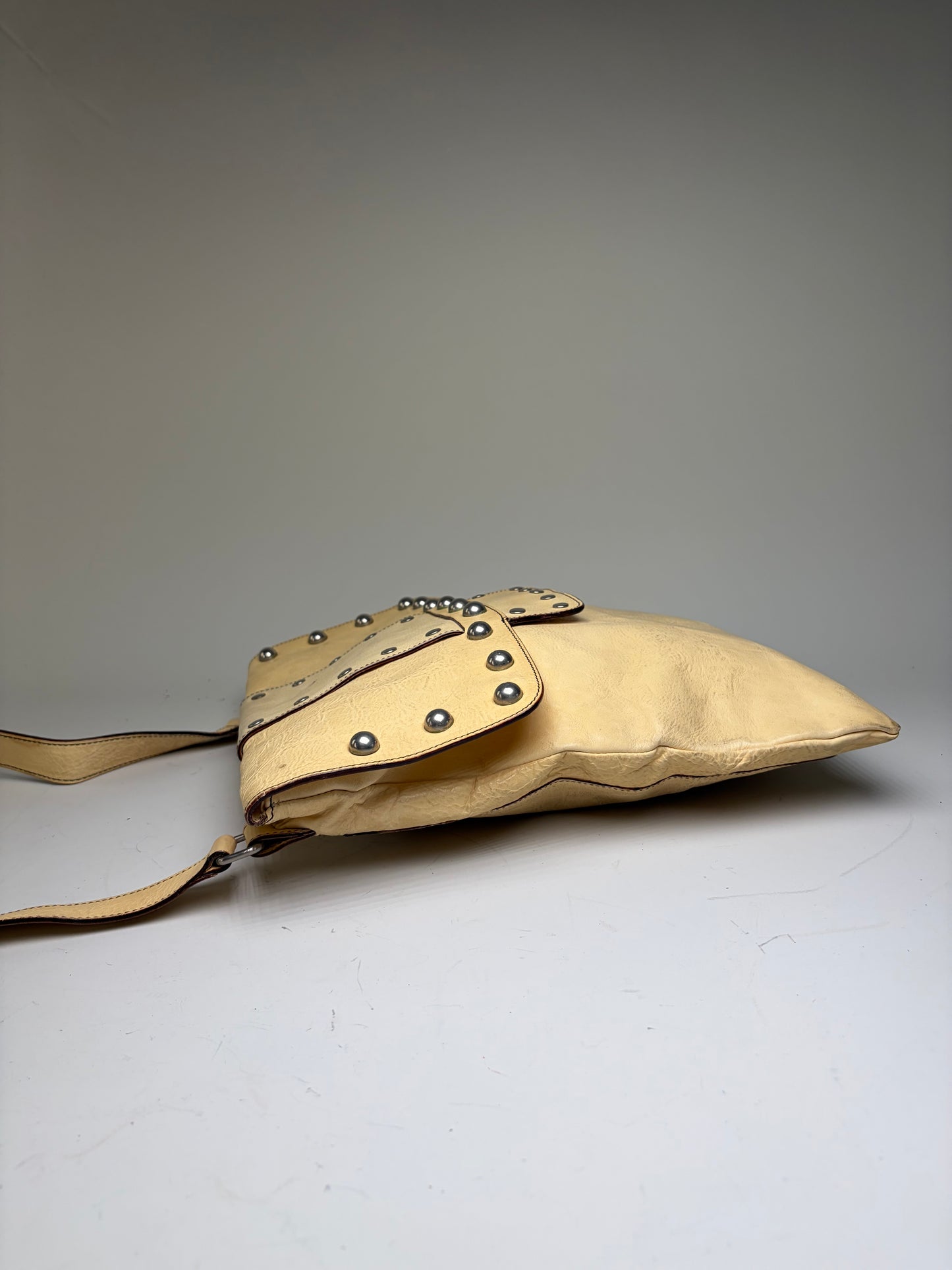 Vintage Marni Studded Textured Leather Flap Crossbody Bag Cream Silver