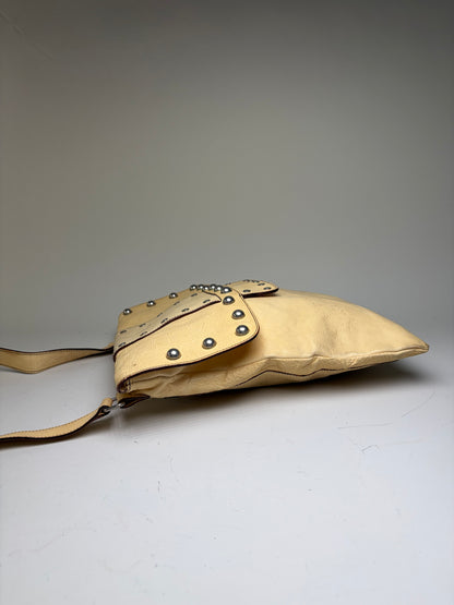 Vintage Marni Studded Textured Leather Flap Crossbody Bag Cream Silver