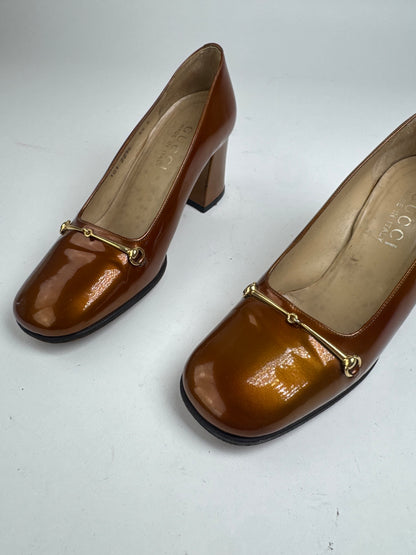 Vintage Gucci Patent Leather horsebit Pumps Brown