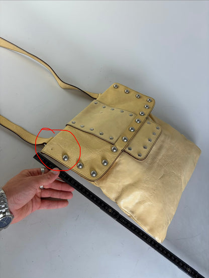 Vintage Marni Studded Textured Leather Flap Crossbody Bag Cream Silver