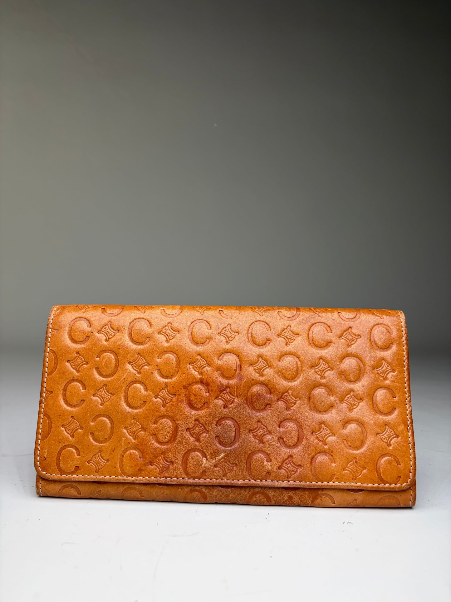 Vintage Celine Embossed Leather Bifold Wallet Honey Brown Gold