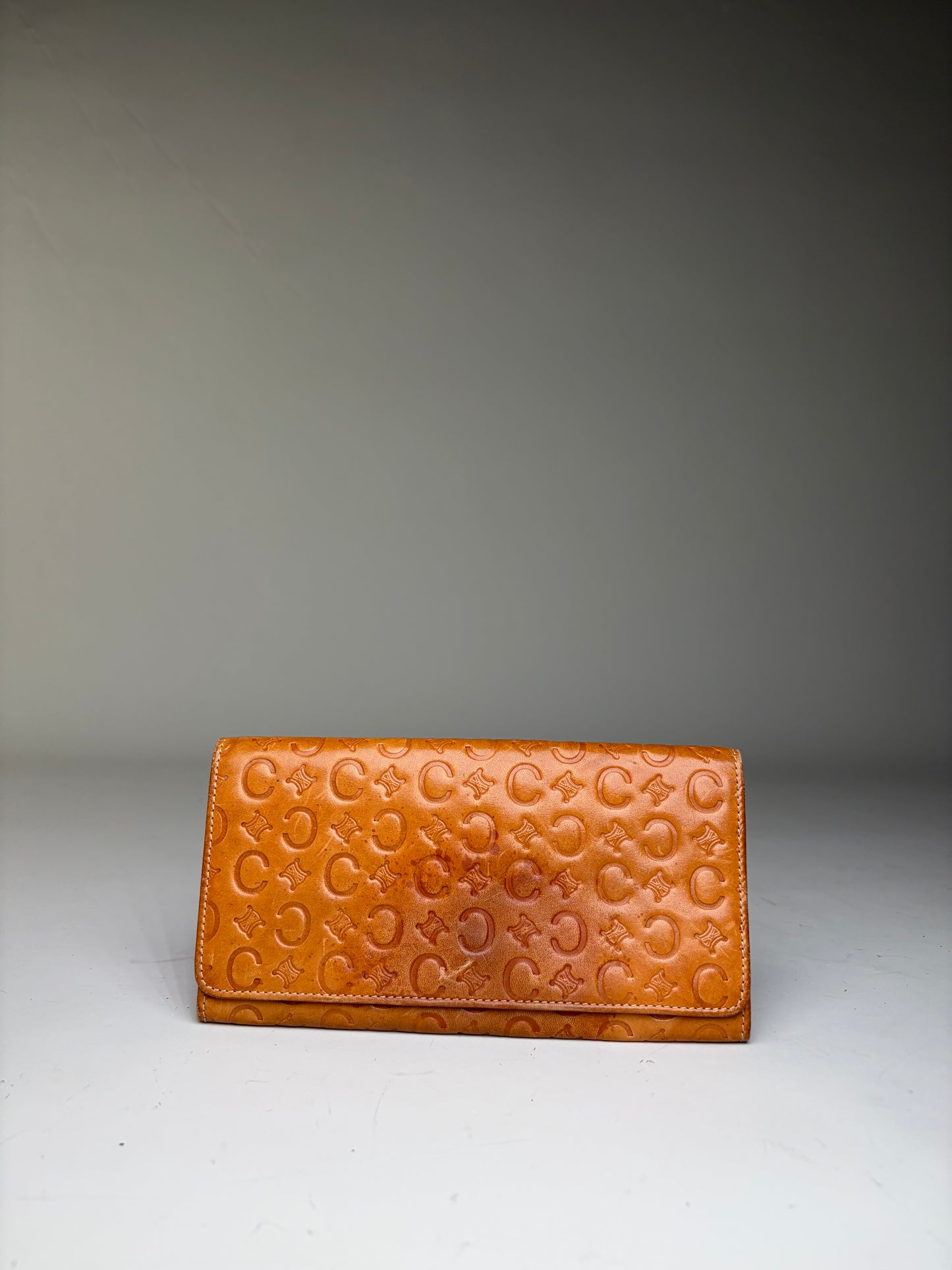 Vintage Celine Embossed Leather Bifold Wallet Honey Brown Gold