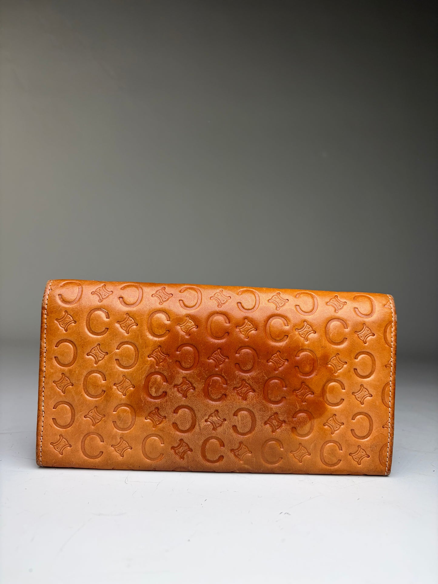 Vintage Celine Embossed Leather Bifold Wallet Honey Brown Gold