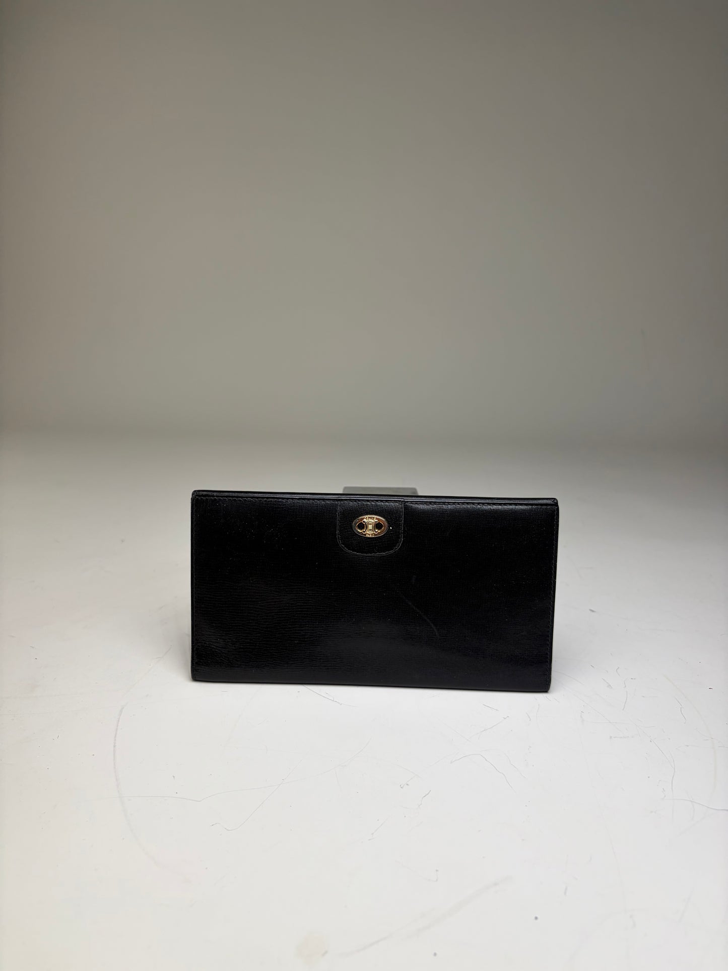 Vintage Celine Textured Leather Wallet Black Gold