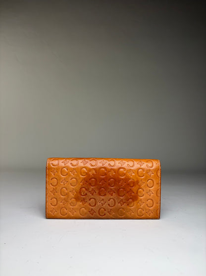 Vintage Celine Embossed Leather Bifold Wallet Honey Brown Gold