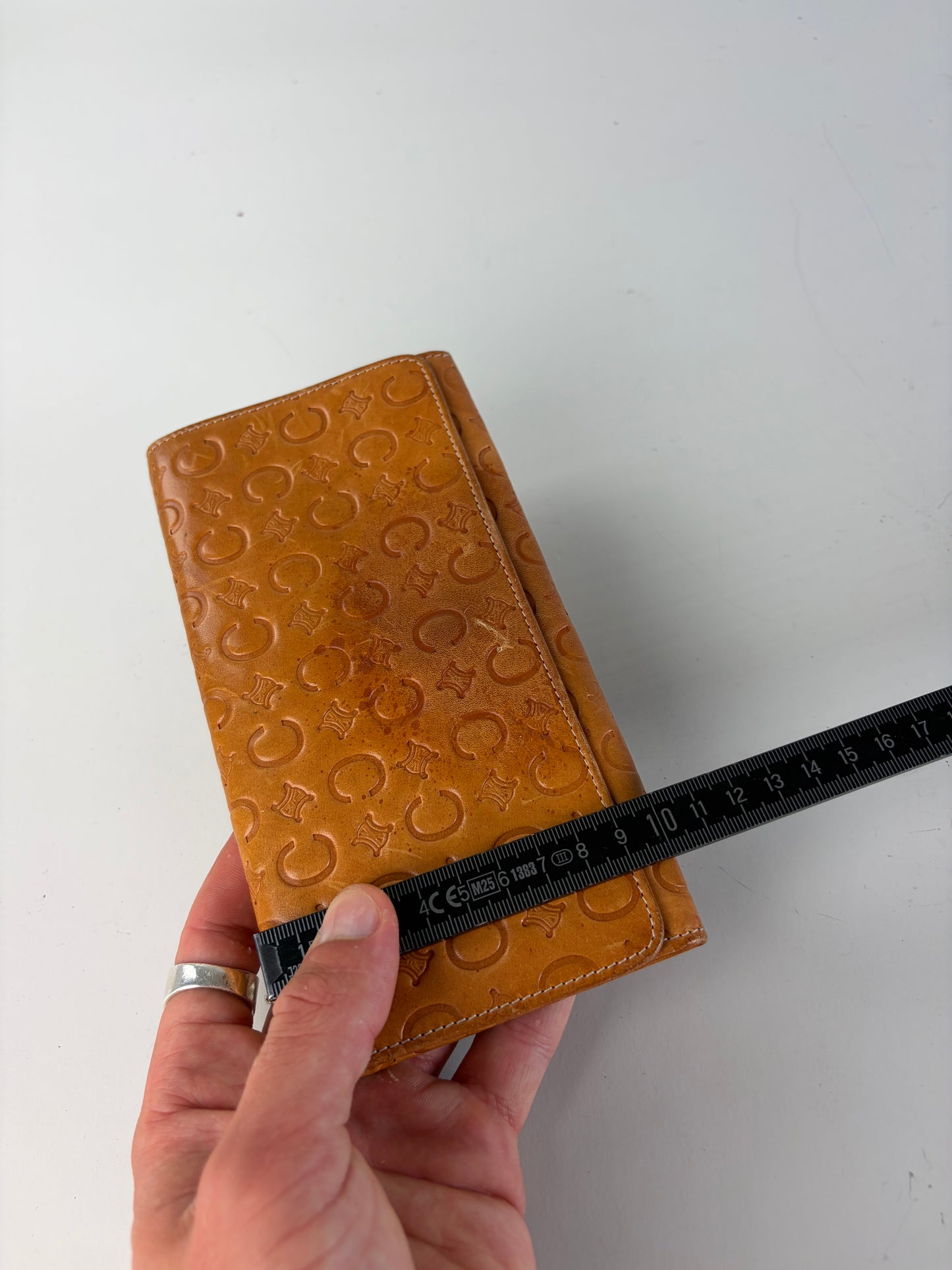 Vintage Celine Embossed Leather Bifold Wallet Honey Brown Gold