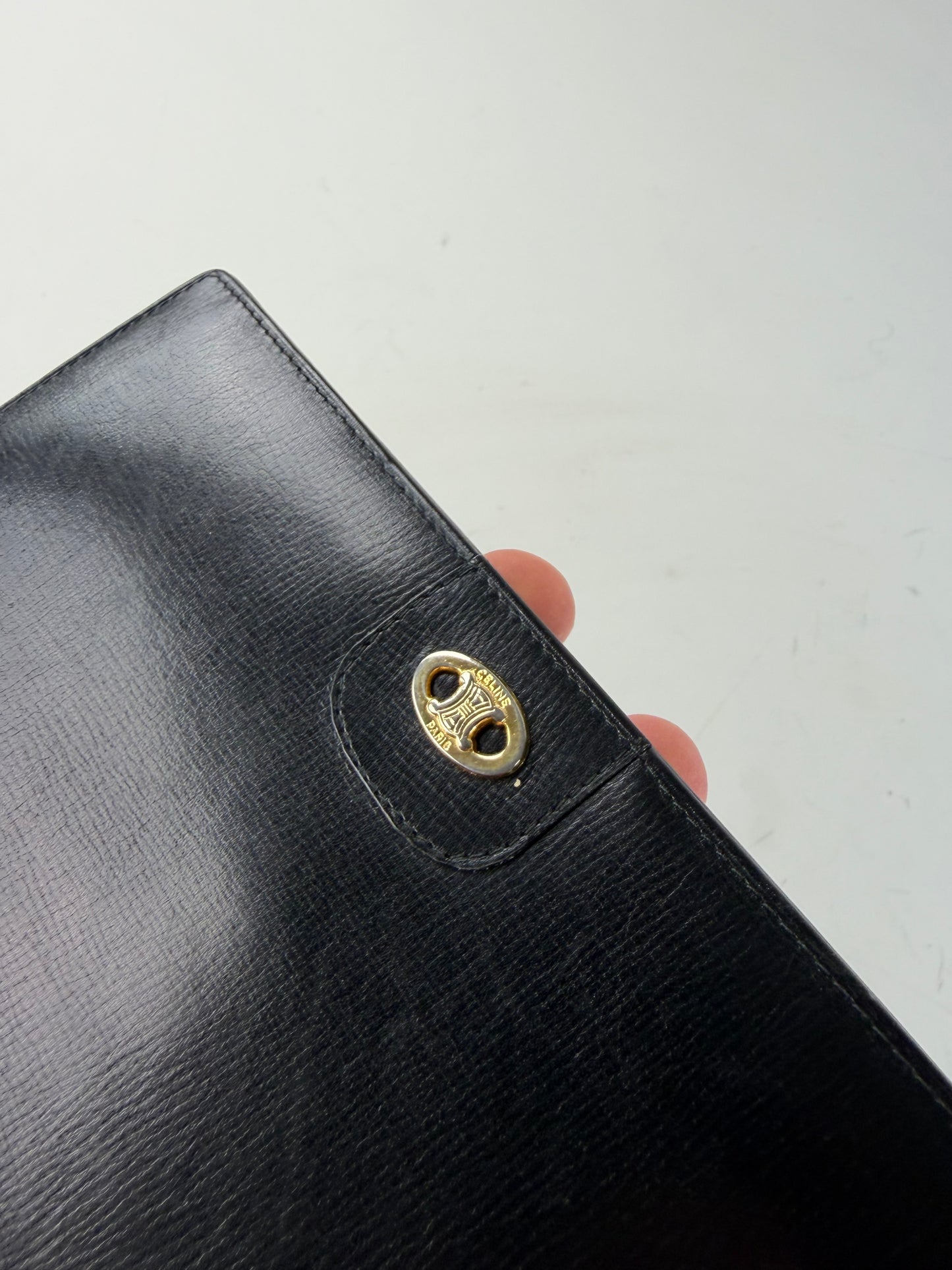Vintage Celine Textured Leather Wallet Black Gold
