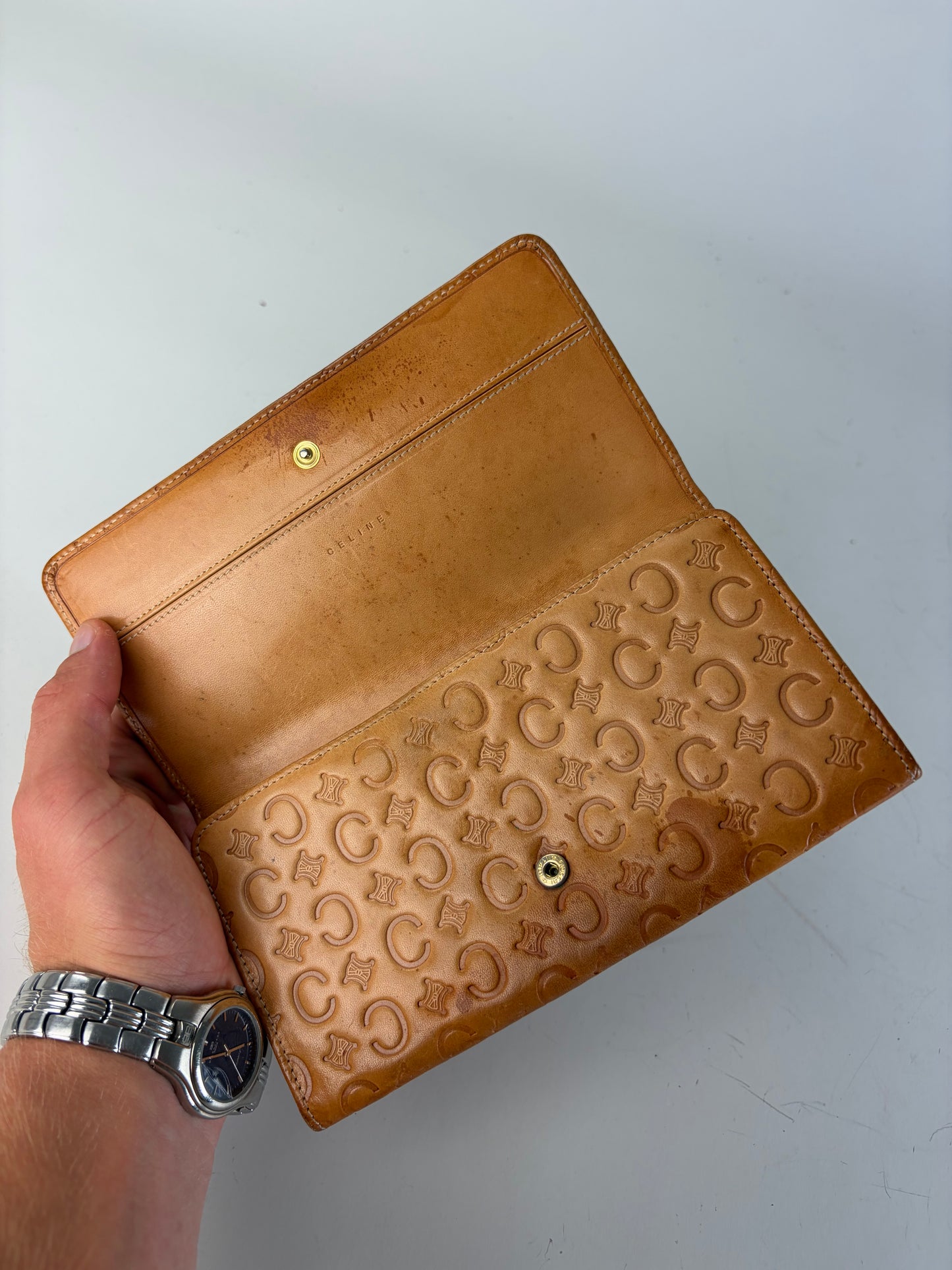 Vintage Celine Embossed Leather Bifold Wallet Honey Brown Gold