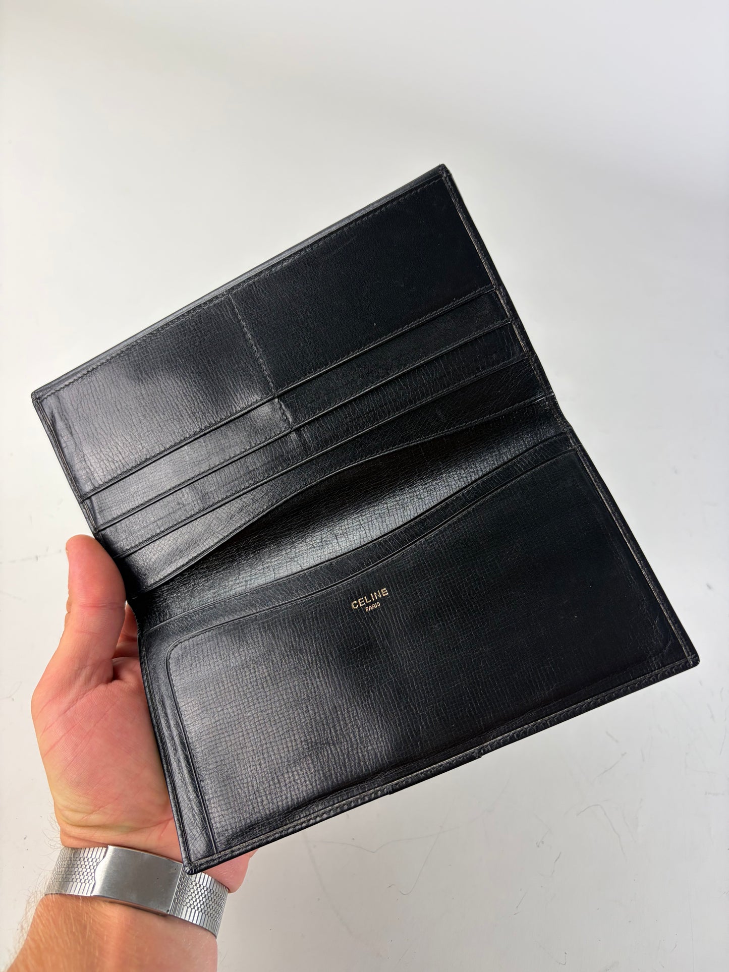 Vintage Celine Textured Leather Wallet Black Gold