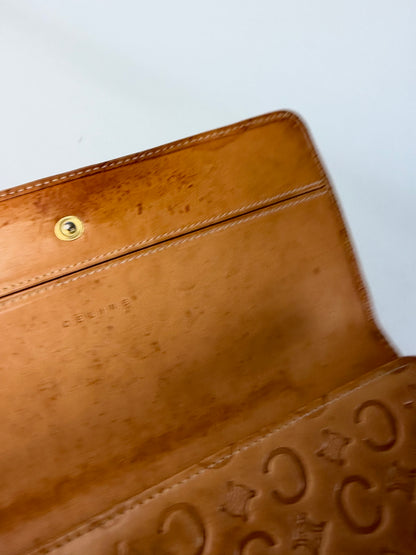 Vintage Celine Embossed Leather Bifold Wallet Honey Brown Gold