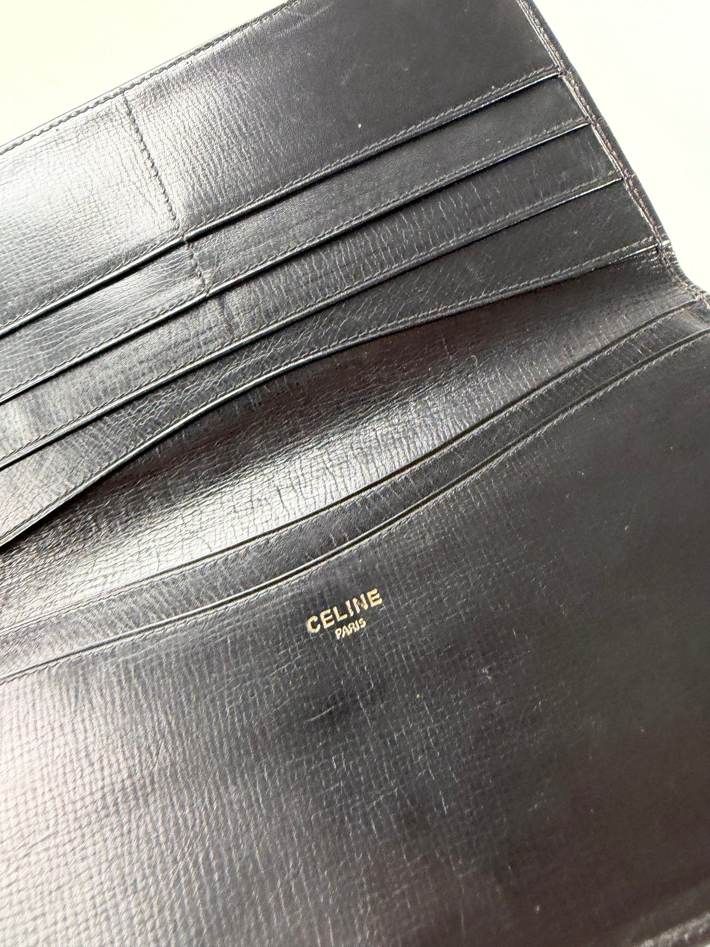 Vintage Celine Textured Leather Wallet Black Gold