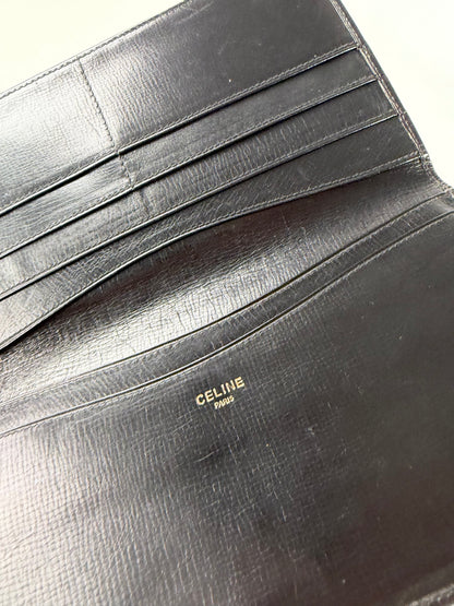 Vintage Celine Textured Leather Wallet Black Gold