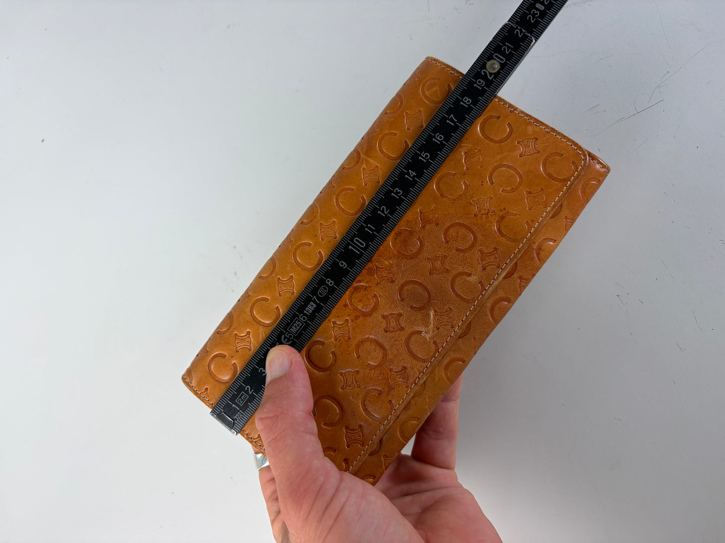 Vintage Celine Embossed Leather Bifold Wallet Honey Brown Gold