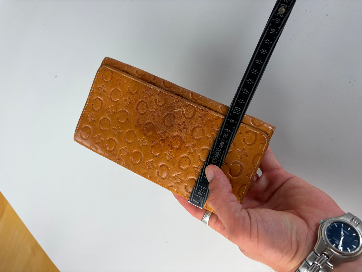 Vintage Celine Embossed Leather Bifold Wallet Honey Brown Gold