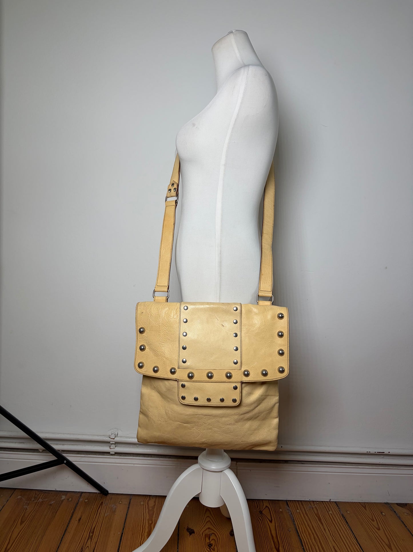 Vintage Marni Studded Textured Leather Flap Crossbody Bag Cream Silver