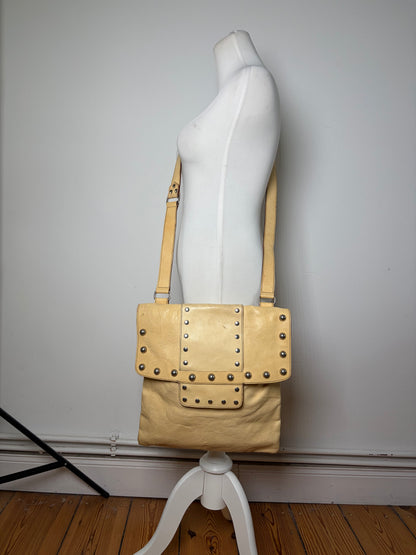Vintage Marni Studded Textured Leather Flap Crossbody Bag Cream Silver