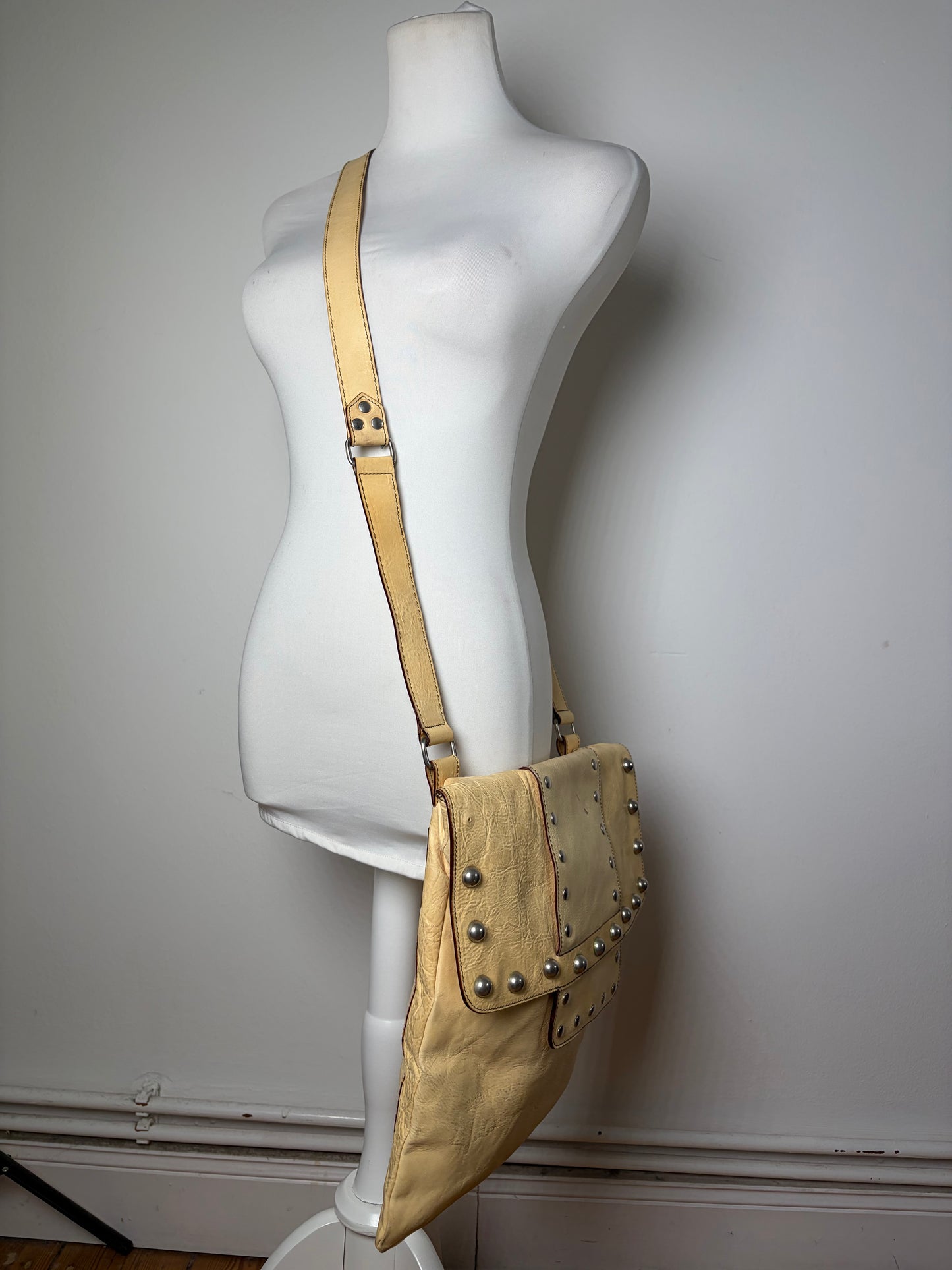 Vintage Marni Studded Textured Leather Flap Crossbody Bag Cream Silver