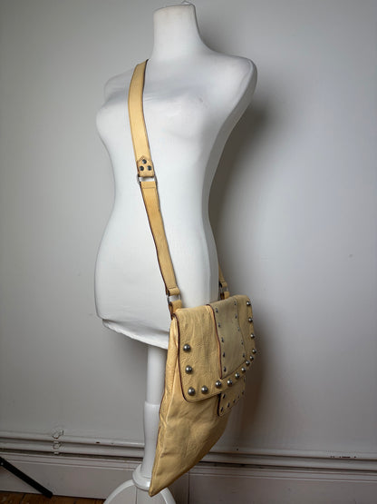 Vintage Marni Studded Textured Leather Flap Crossbody Bag Cream Silver