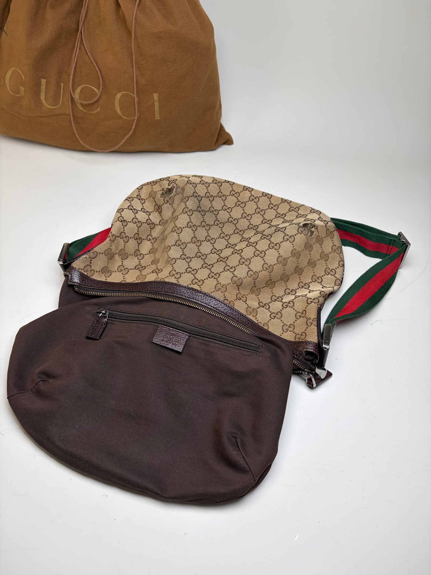 Vintage Gucci GG Monogram Chain Shoulder Bag Beige Brown