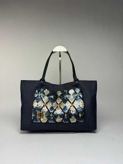 Vintage Givenchy Sequined Cotton Tote Late 1990s Dark Navy