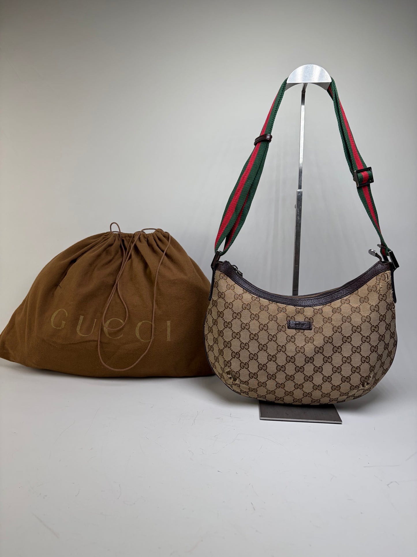 Vintage Gucci GG Monogram Chain Shoulder Bag Beige Brown
