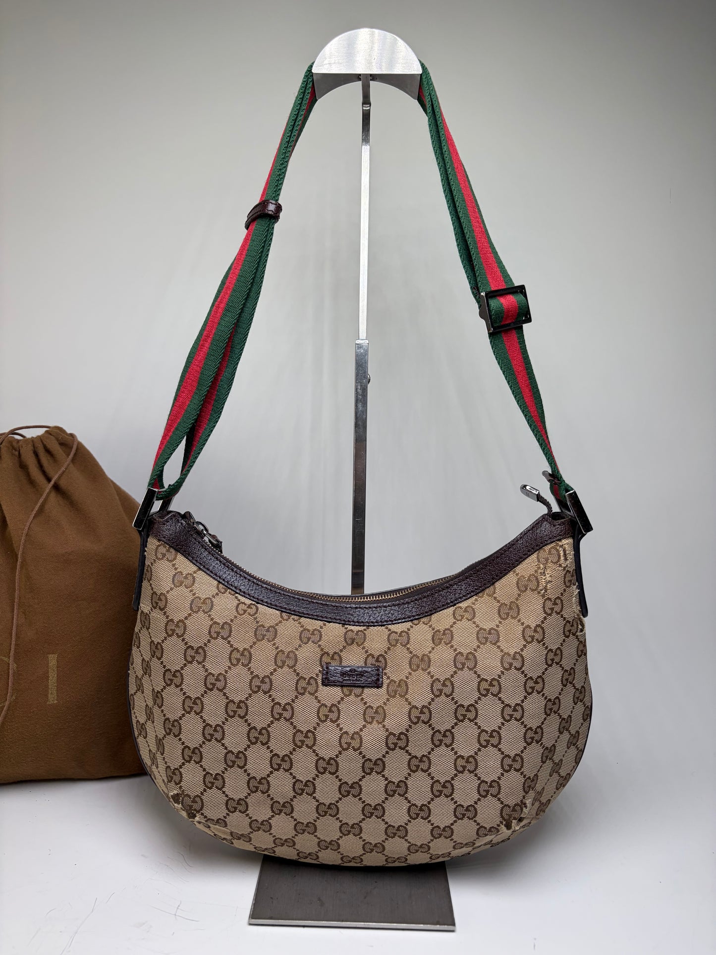 Vintage Gucci GG Monogram Chain Shoulder Bag Beige Brown