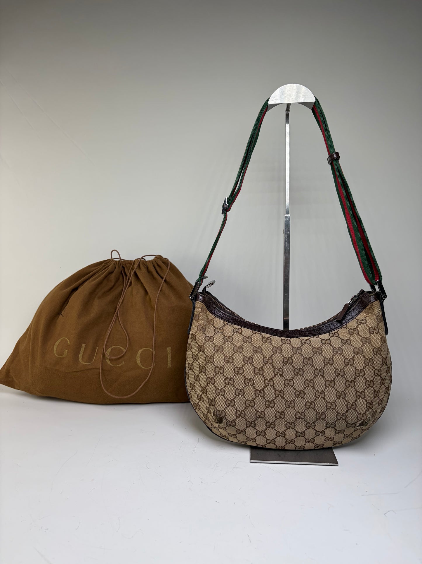 Vintage Gucci GG Monogram Chain Shoulder Bag Beige Brown