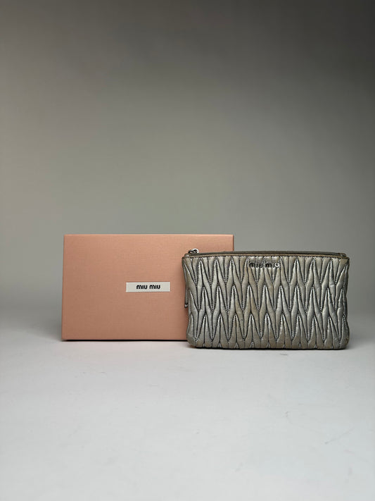 Vintage Miu Miu Matelassé Quilted Leather Cosmetic Pouch c. 2010s Silver Beige