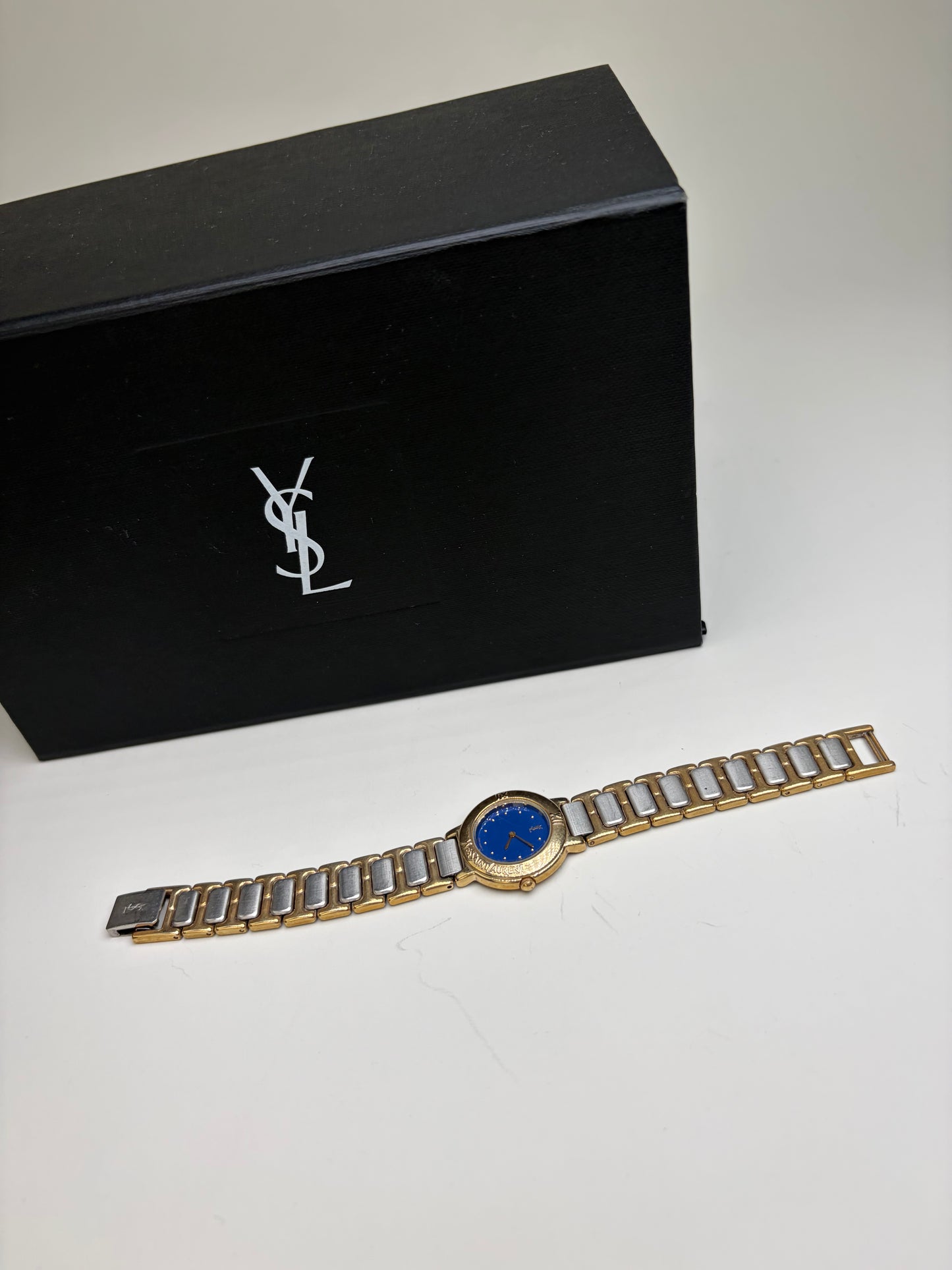 Vintage Yves Saint Laurent Bracelet Watch Blue Gold Silver