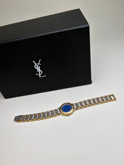 Vintage Yves Saint Laurent Bracelet Watch Blue Gold Silver