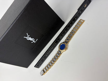 Vintage Yves Saint Laurent Bracelet Watch Blue Gold Silver