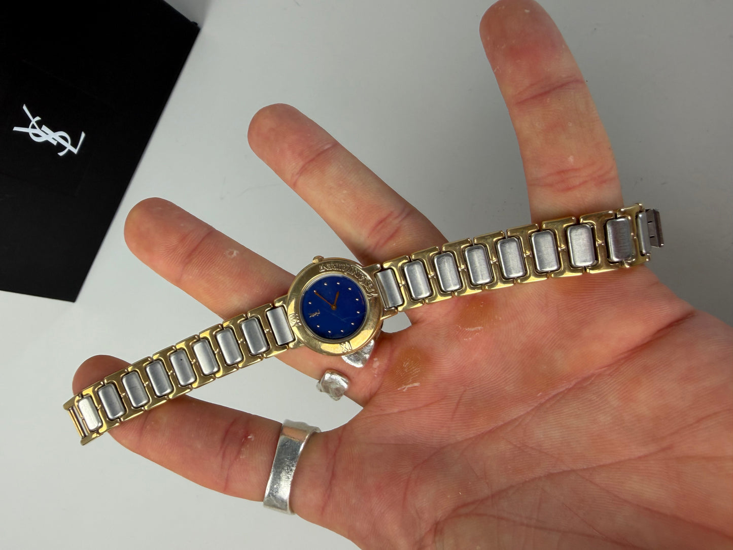 Vintage Yves Saint Laurent Bracelet Watch Blue Gold Silver