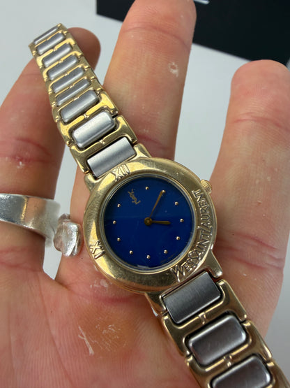 Vintage Yves Saint Laurent Bracelet Watch Blue Gold Silver