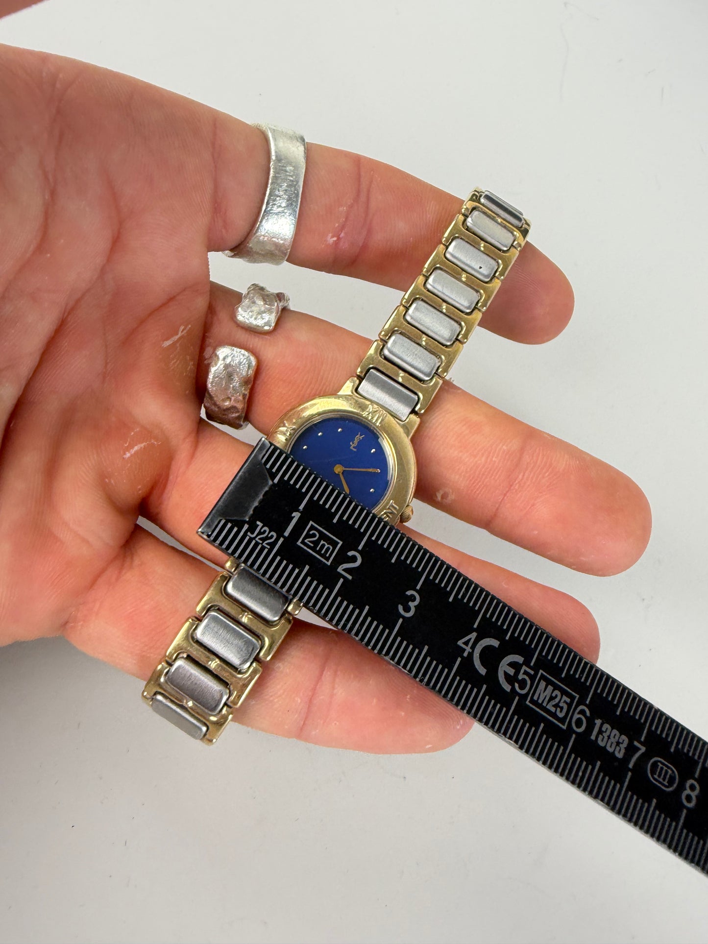 Vintage Yves Saint Laurent Bracelet Watch Blue Gold Silver
