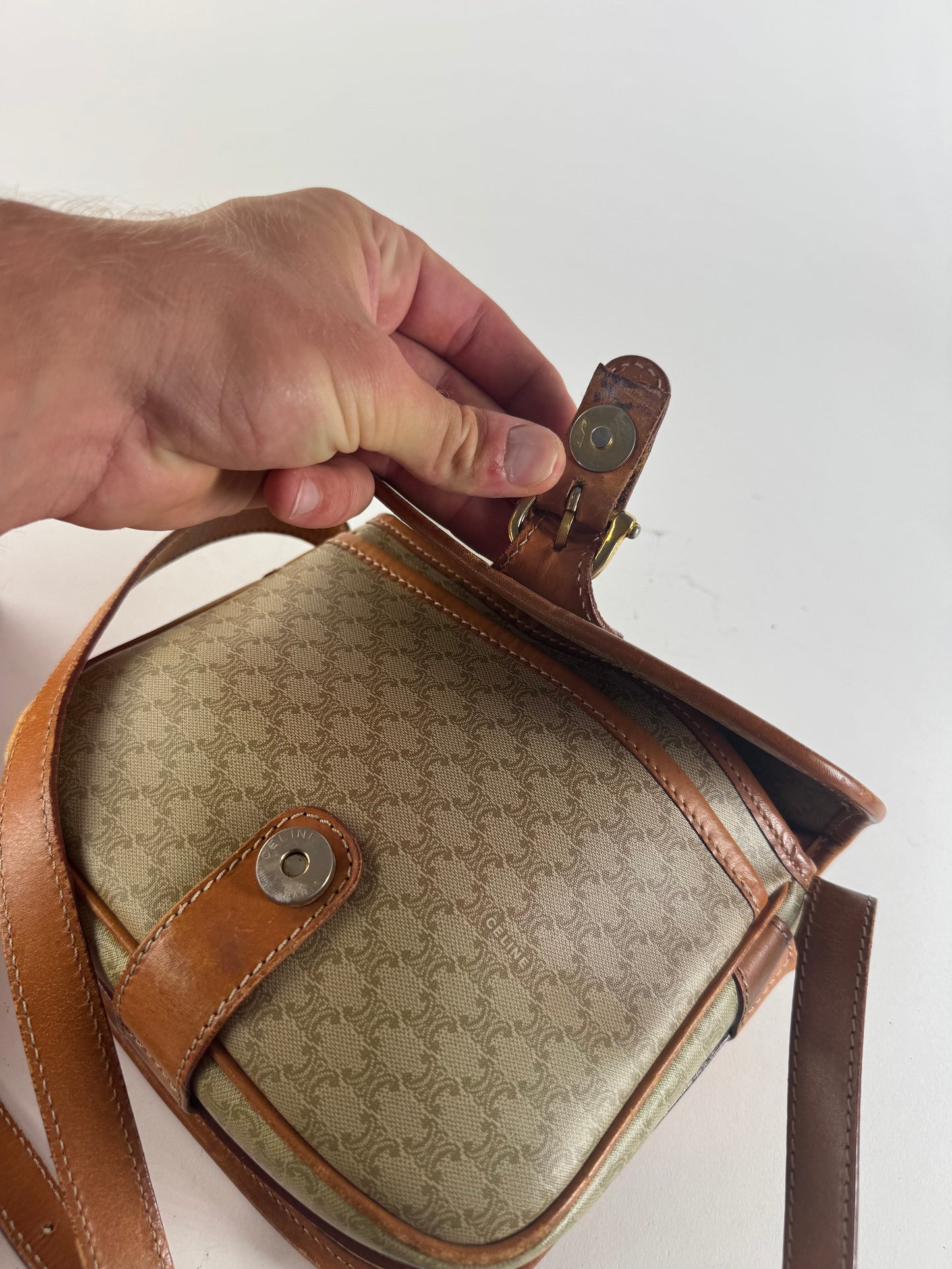 Vintage Celine Triomphe Monogram Leather bag beige brown