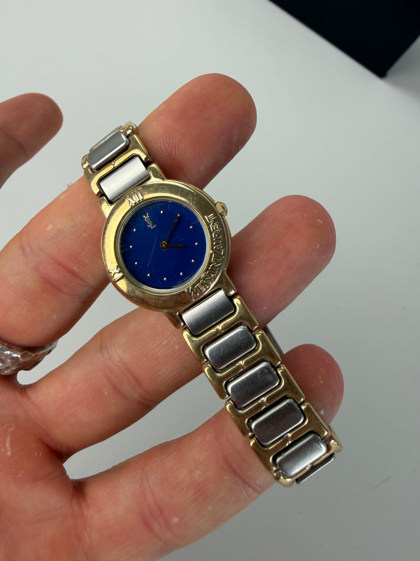 Vintage Yves Saint Laurent Bracelet Watch Blue Gold Silver
