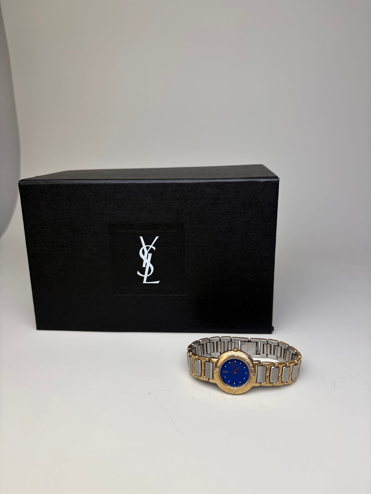 Vintage Yves Saint Laurent Bracelet Watch Blue Gold Silver