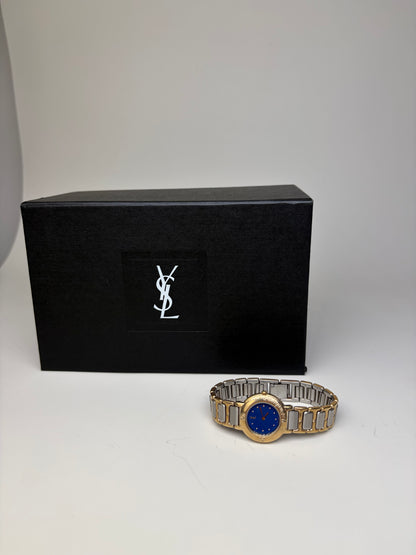 Vintage Yves Saint Laurent Bracelet Watch Blue Gold Silver